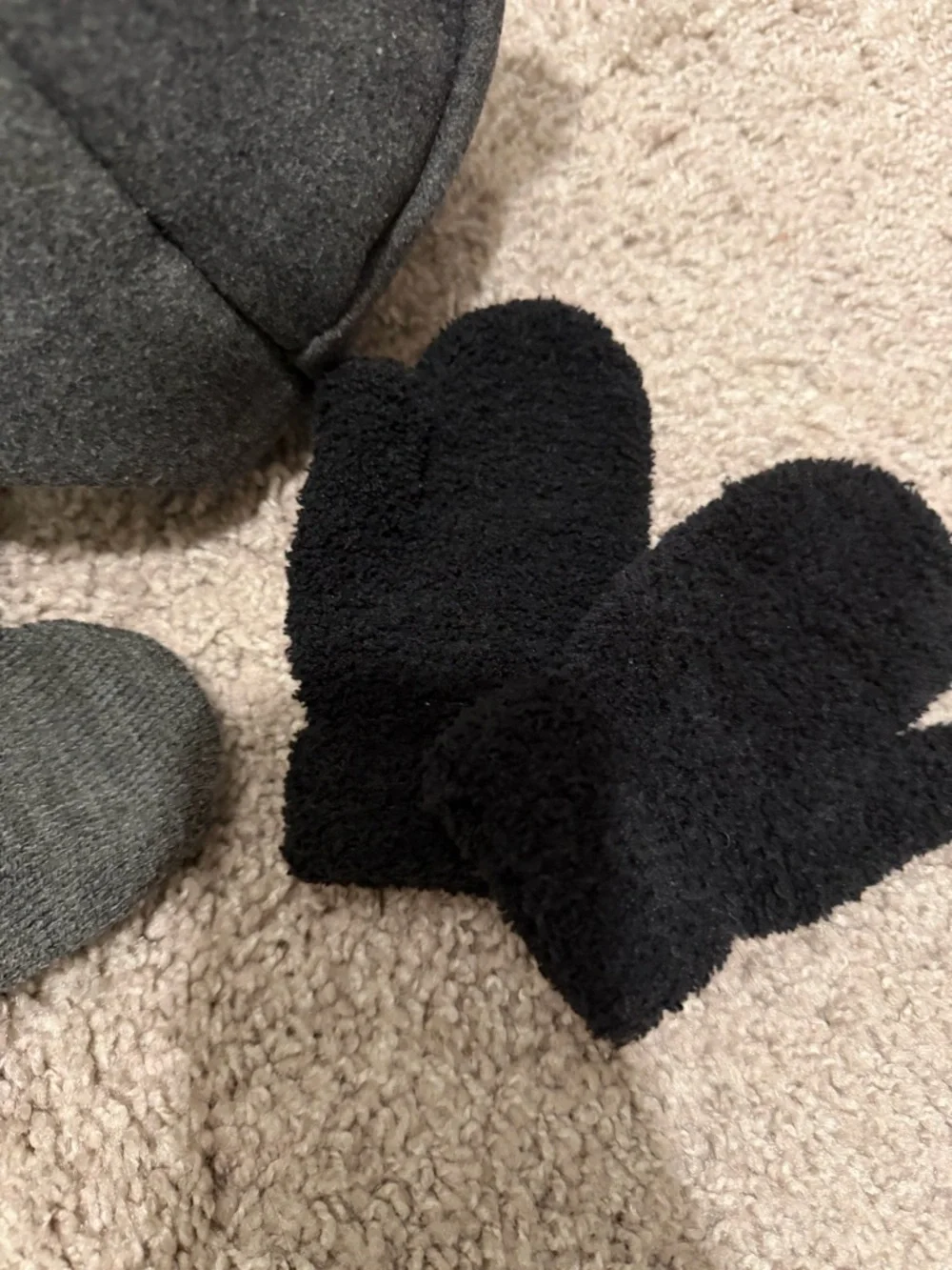 Grey & Black Pom Pom Earflap Hat with Matching Mittens- 12-24 month- like new